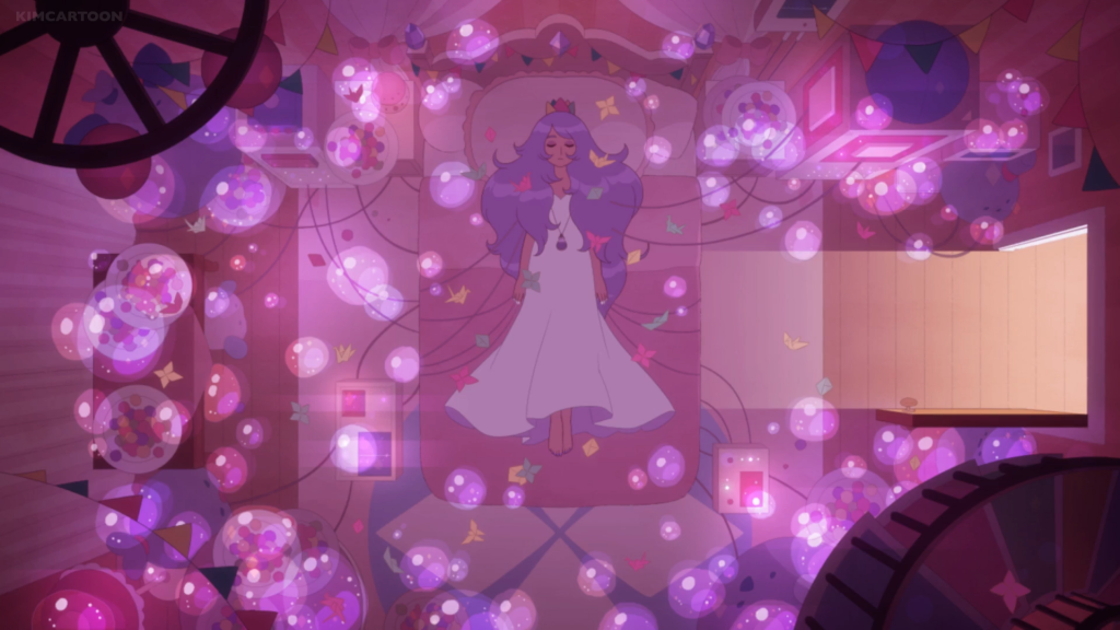 девушка с голубыми волосами и белом платье, лежащая в кровати с подключенными датчиками в розовых тонах